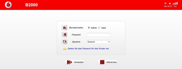 Am LTE Router B2000 anmelden Anmeldung am B2000 Router
